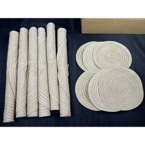 Set of 6 Round Braided Cotton Placemats & 6 Coasters Beige White Farmhouse 12pc